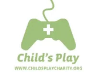 A green logo with the words child 's play charity.